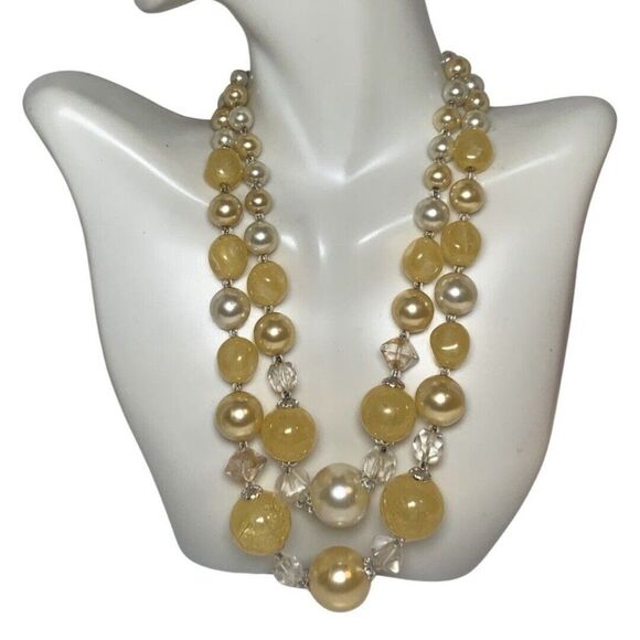 Japan Yellow Crackle Beaded Graduated Faux Pearl 2 Tier Silver Tone Necklace 16” - Picture 3 of 14